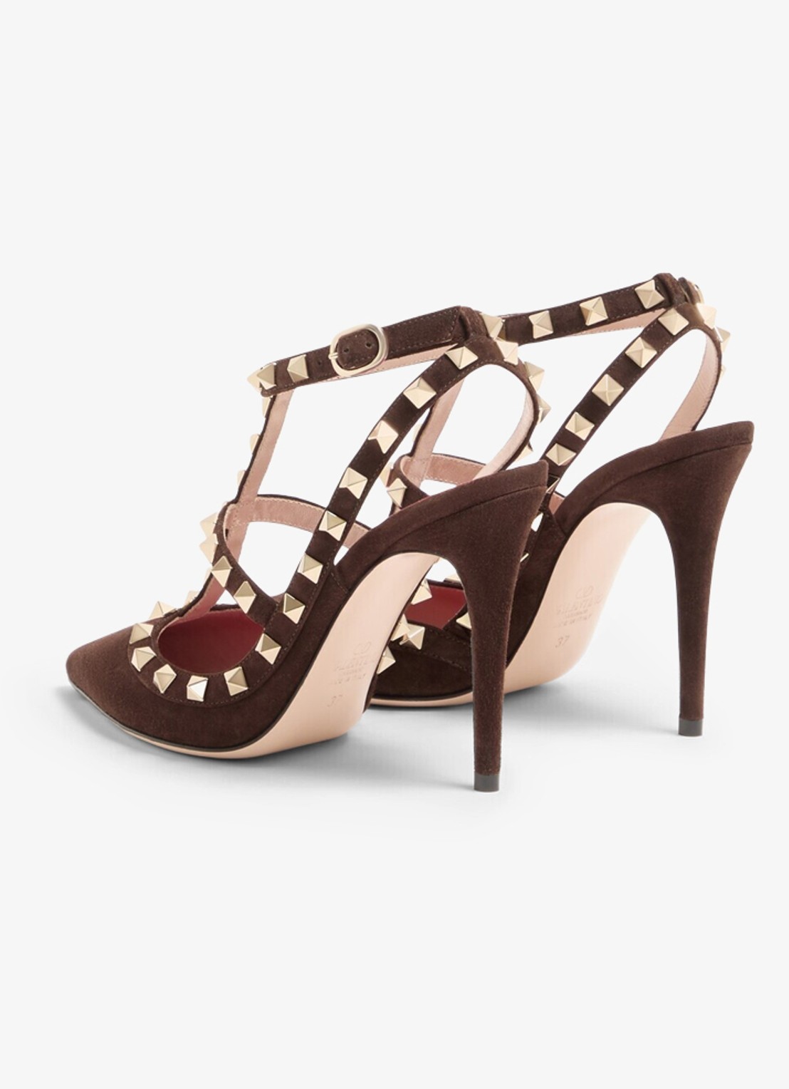 Valentino Garavani Rockstud sandalette van geitensuède met studs - achterkant donkerbruin