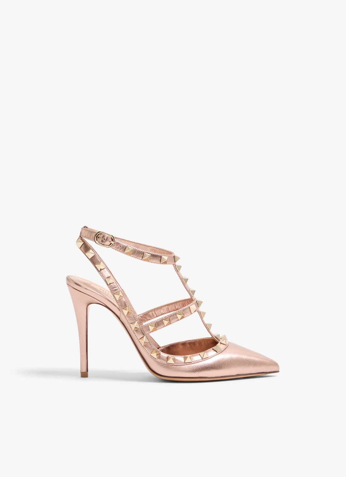 Valentino Garavani Rockstud sandalette van schapenleer met metallic finish en studs - voorkant 4 oudroze