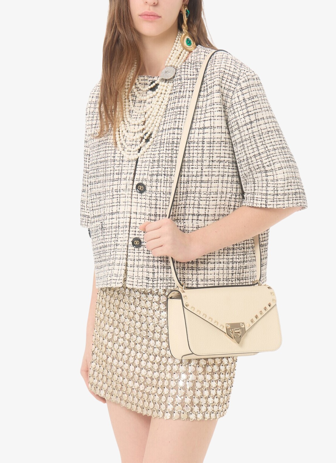 Valentino Garavani Rockstud Small schoudertas van kalfsleer - voorkant 7 creme