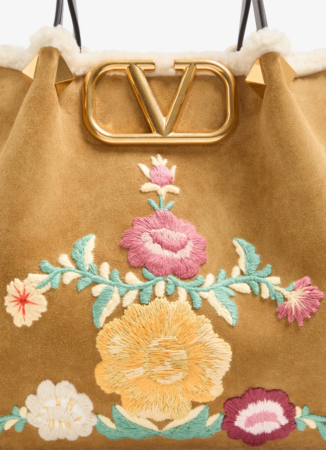Valentino Garavani Shopper van kalfssuède met bloemborduring - detail 2 camel