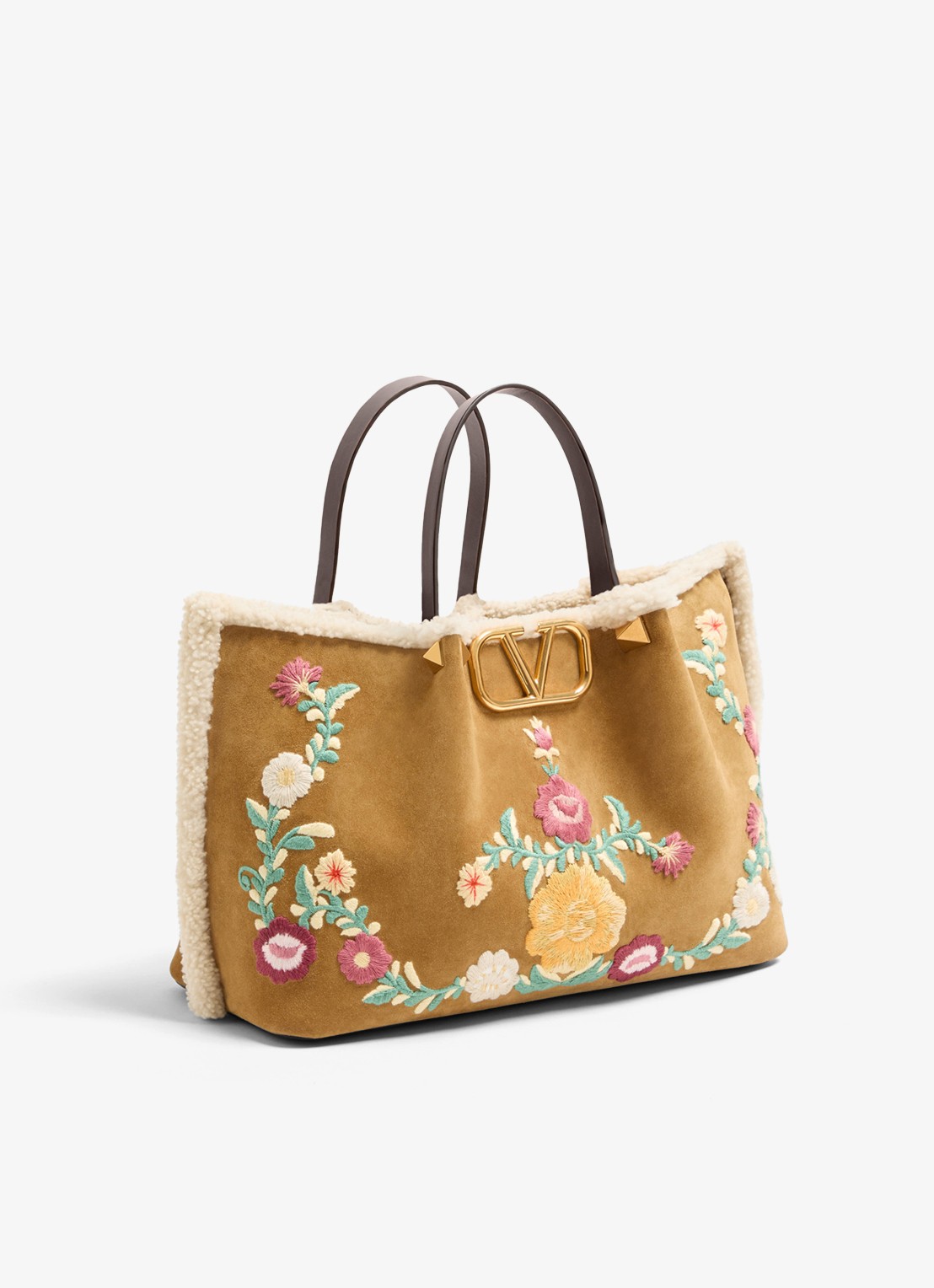 Valentino Garavani Shopper van kalfssuède met bloemborduring - voorkant 5 camel