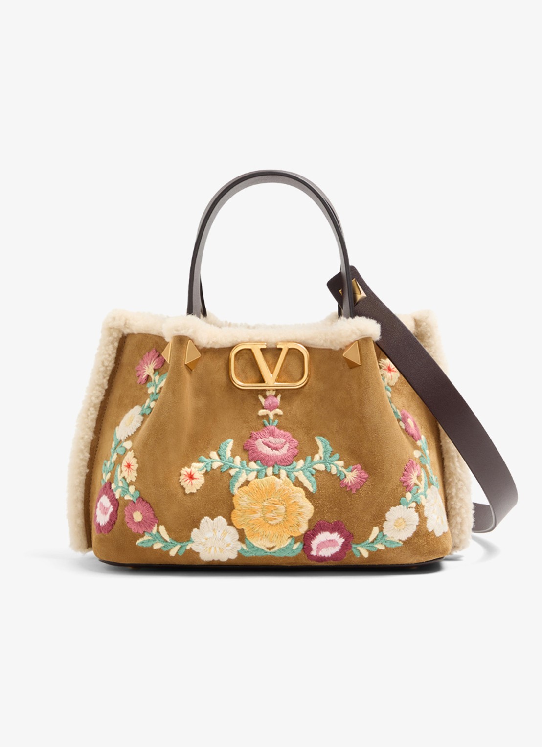 Valentino Garavani Shopper van kalfssuède met bloemborduring - voorkant 4 camel