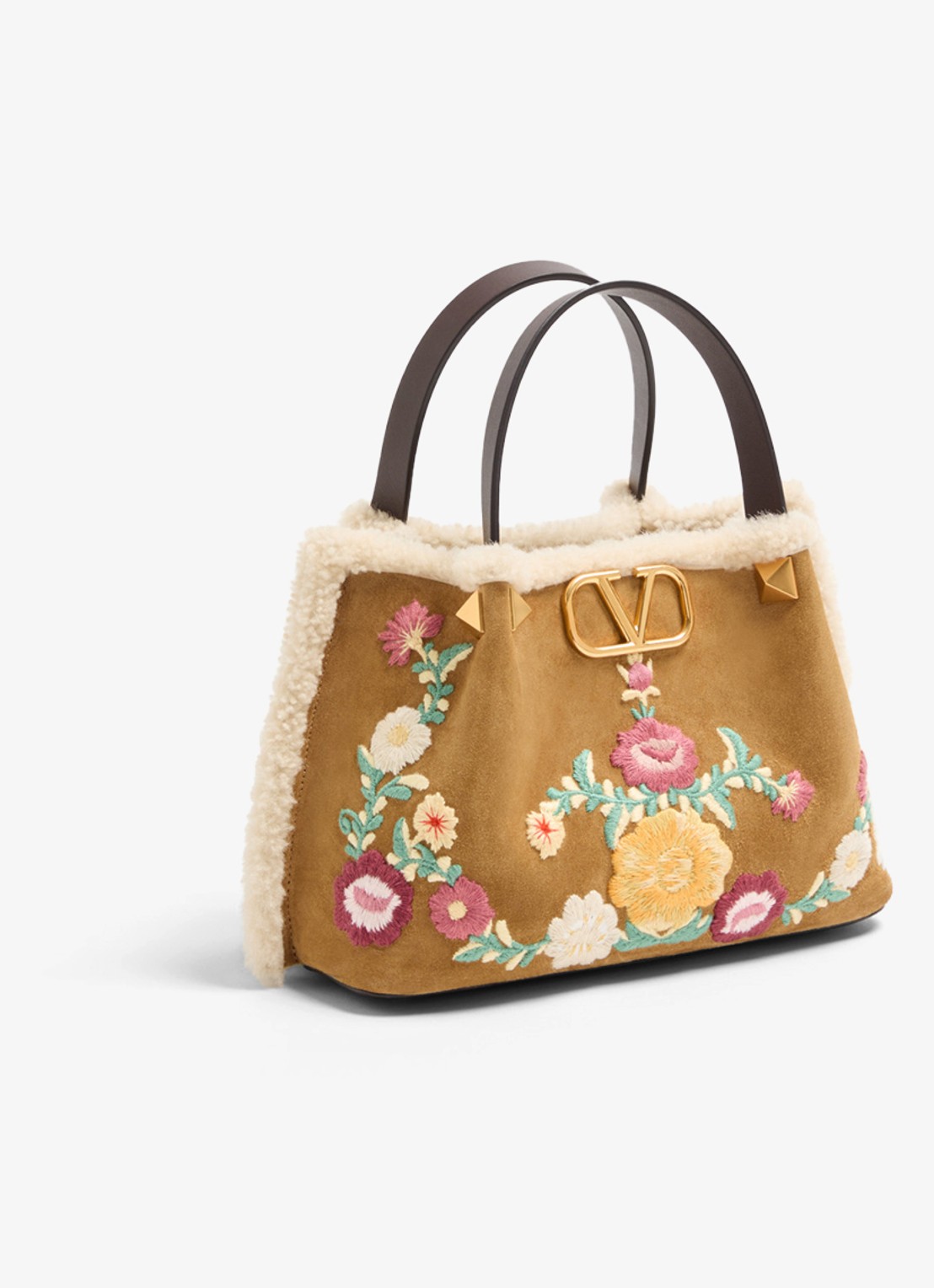 Valentino Garavani Shopper van kalfssuède met bloemborduring - voorkant 5 camel