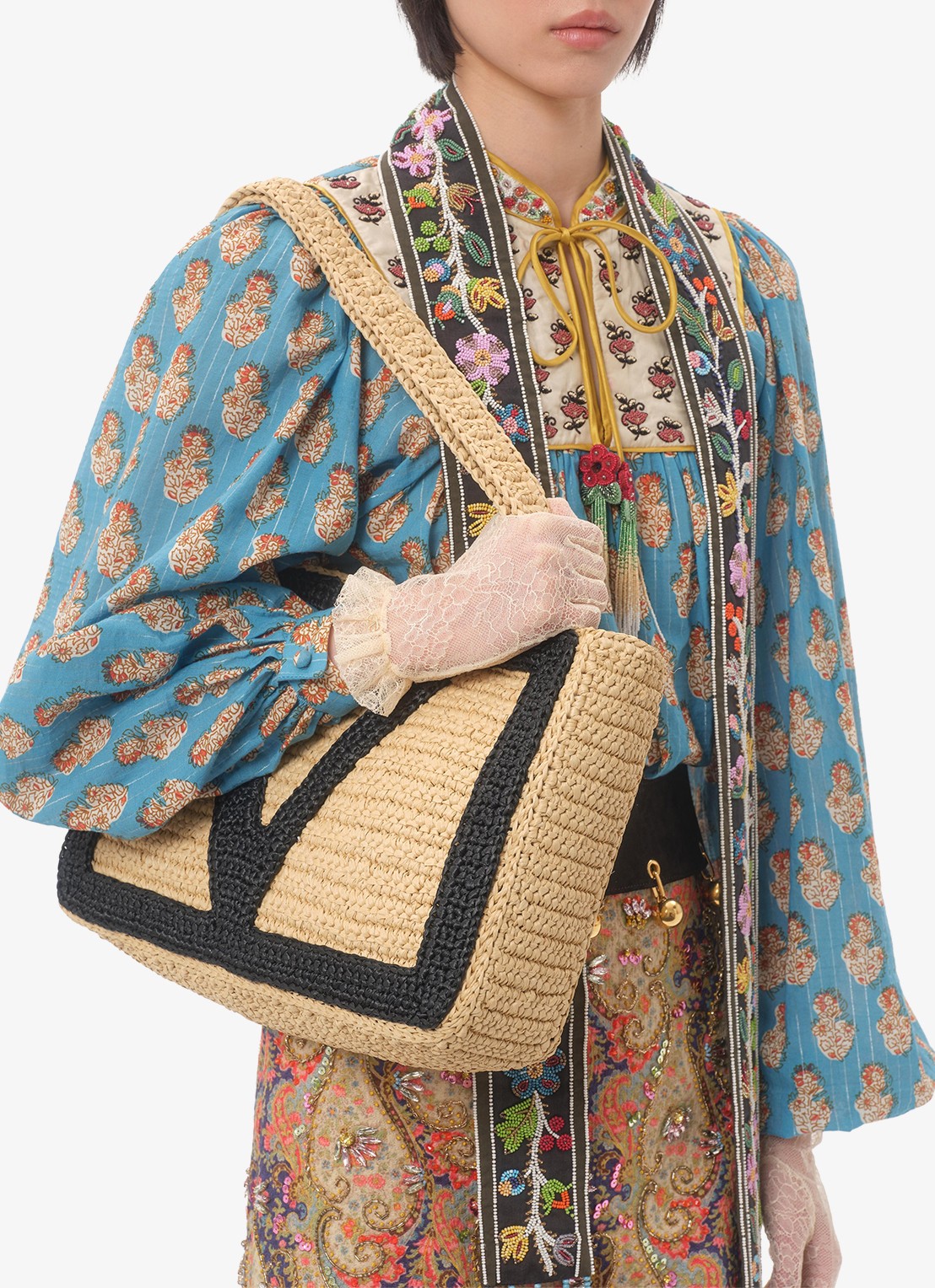 Valentino Garavani Shopper van raffia - voorkant 2 beige