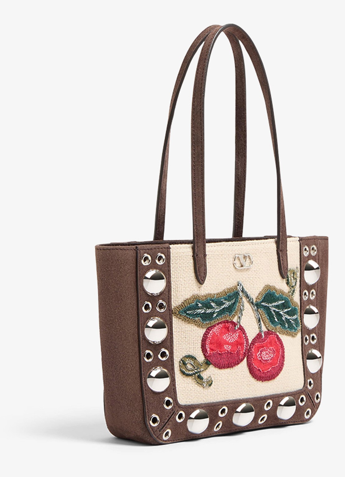 Valentino Garavani Shopper van suède met borduring - detail donkerbruin