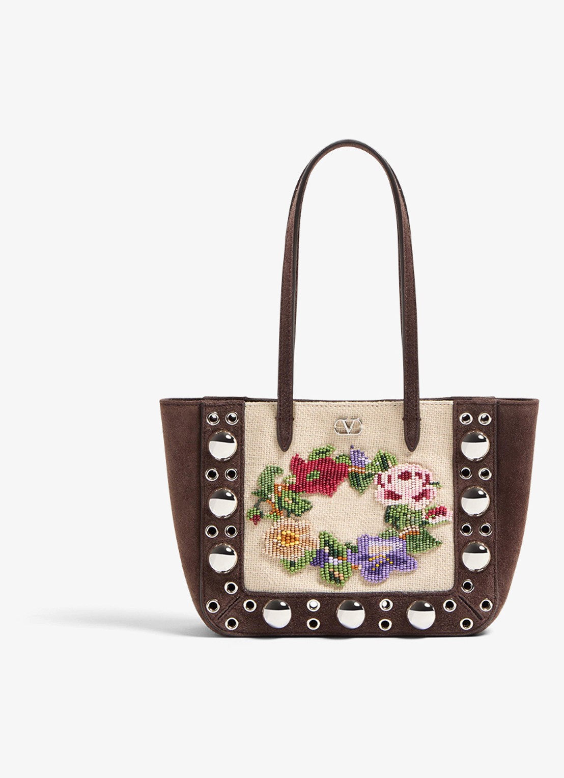 Valentino Garavani Shopper van suède met kralendecoratie - voorkant 6 donkerbruin