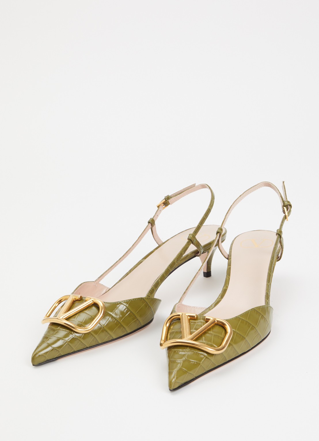 Valentino Garavani Slingback van leer met crocostructuur - detail khaki