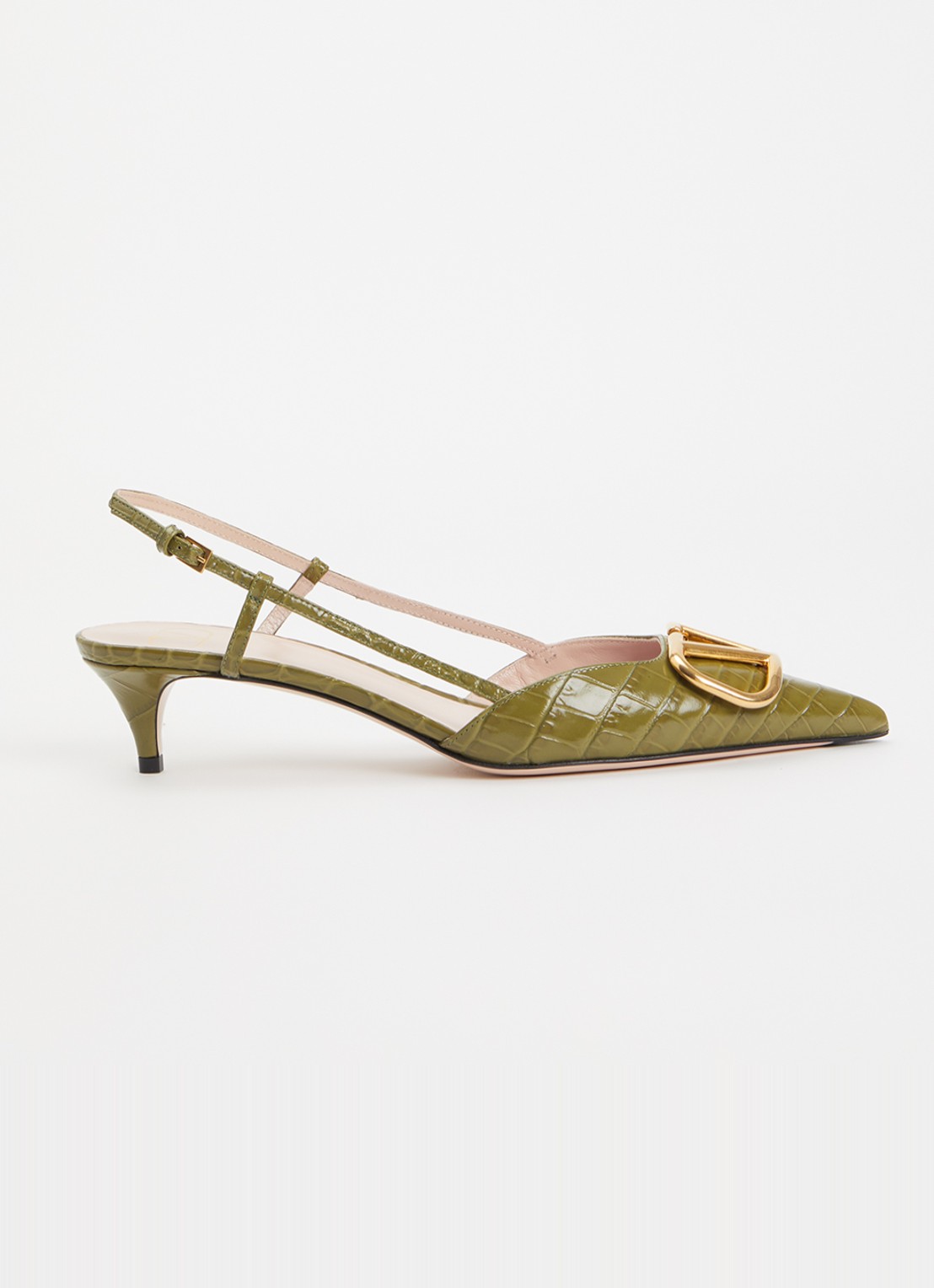 Valentino Garavani Slingback van leer met crocostructuur - voorkant 6 khaki