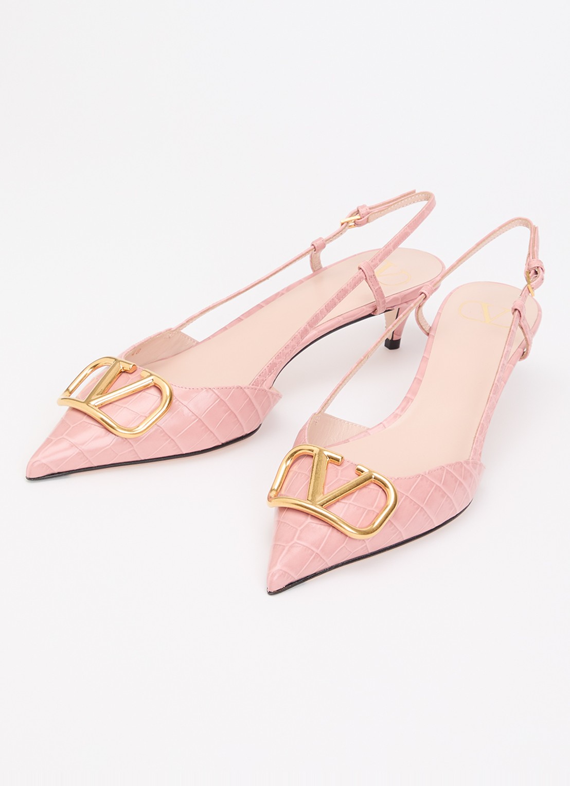 Valentino Garavani Slingback van leer met crocostructuur - detail oudroze