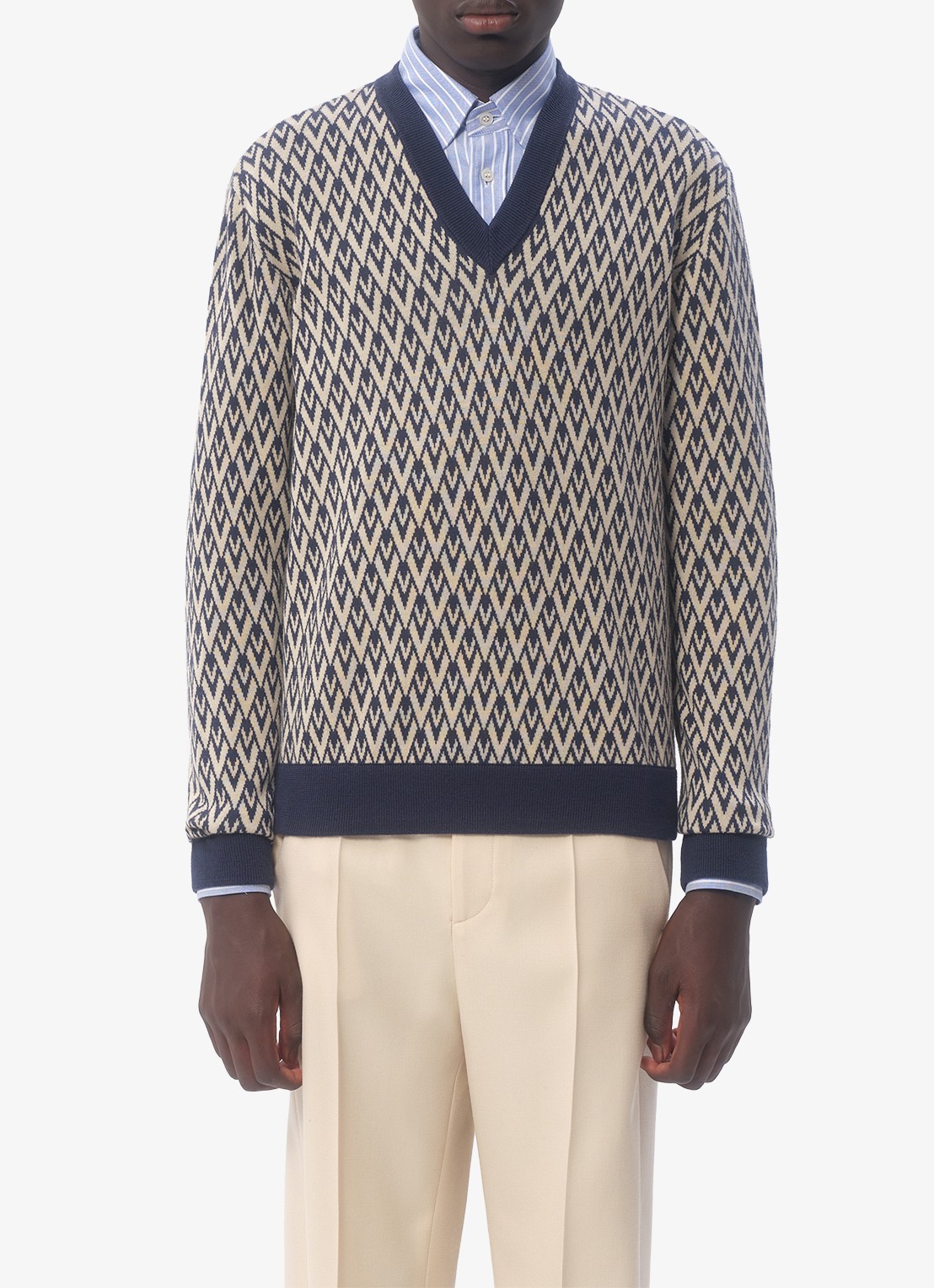 Valentino Garavani Toute la V fijngebreide pullover van scheerwol met grafische print - detail donkerblauw