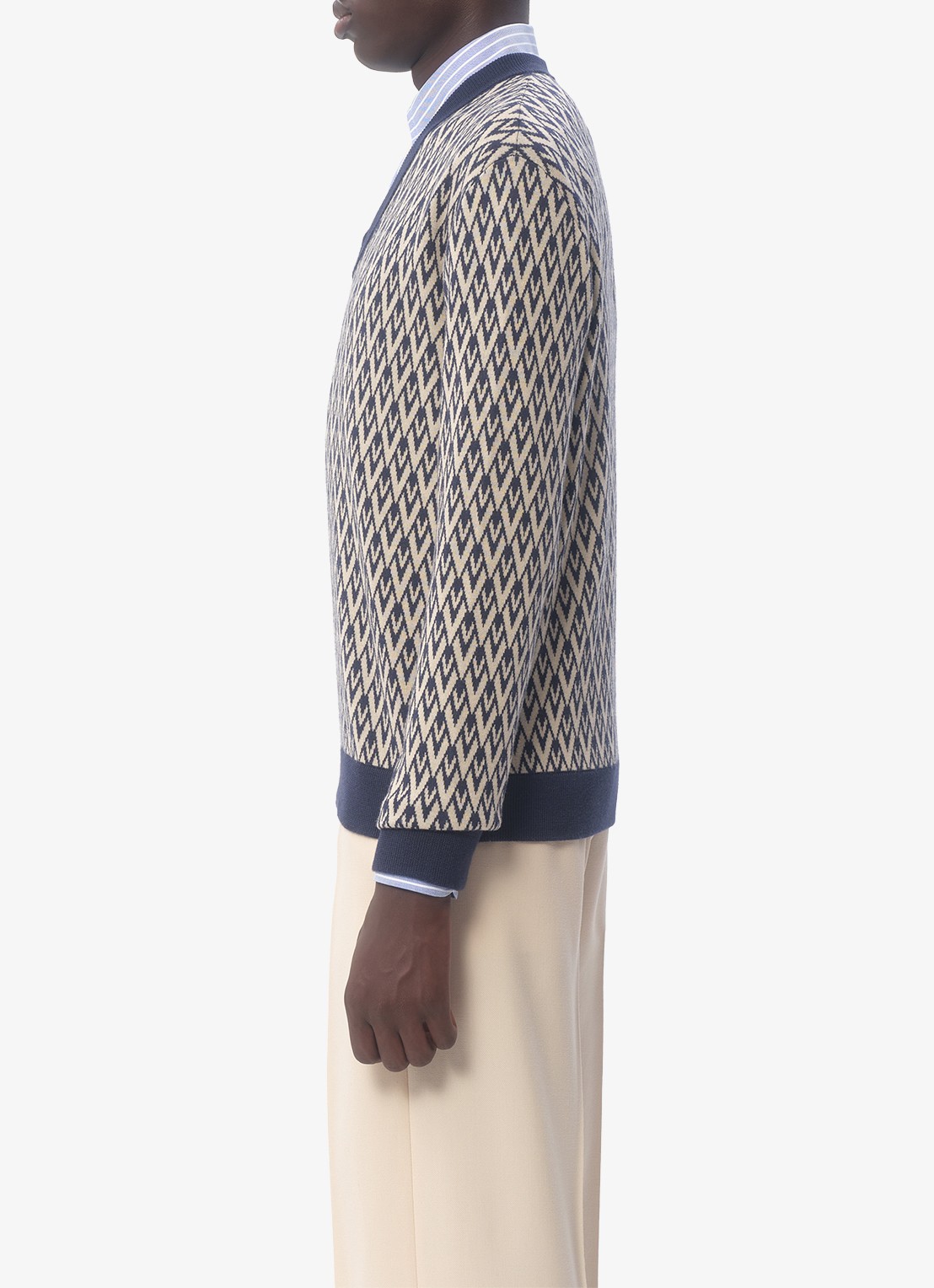Valentino Garavani Toute la V fijngebreide pullover van scheerwol met grafische print - detail 2 donkerblauw