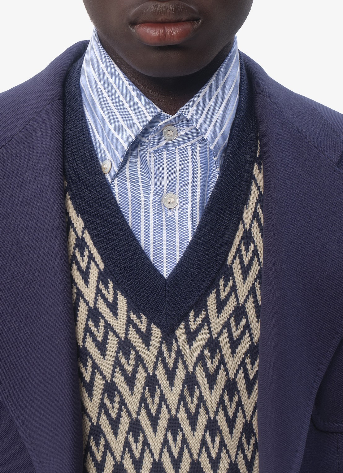 Valentino Garavani Toute la V fijngebreide pullover van scheerwol met grafische print - detail 3 donkerblauw