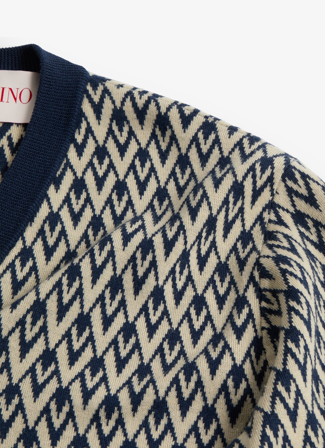Valentino Garavani Toute la V fijngebreide pullover van scheerwol met grafische print - detail 5 donkerblauw
