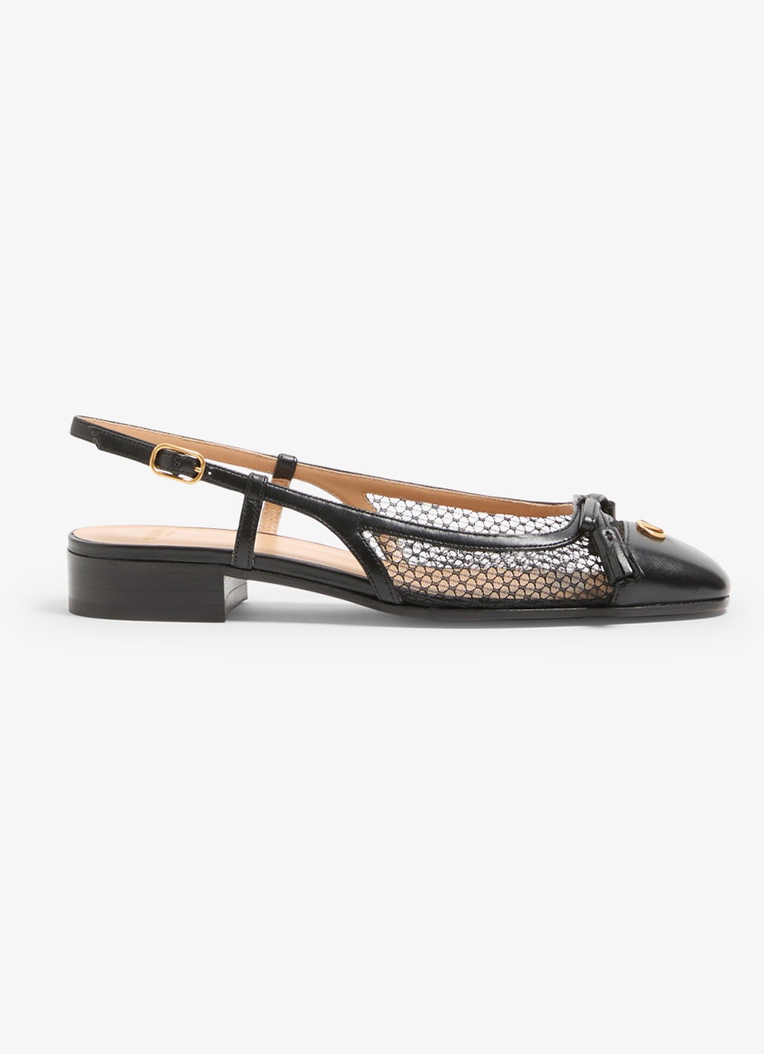 Valentino Garavani Valet Du Roi slingback van geitenleer met mesh details - voorkant zwart