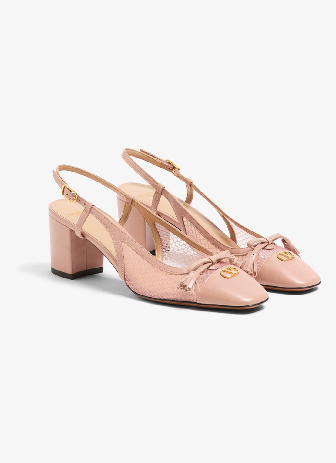 Valentino Garavani Valet Du Roi slingback van geitenleer met mesh details - voorkant 6 oudroze