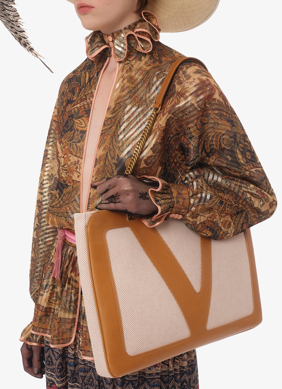 Valentino Garavani Viva Superstar Large schoudertas van canvas met lamsleren details - voorkant 2 camel