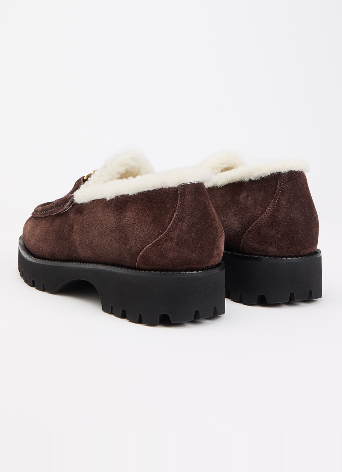 Valentino Garavani VLogo loafer van suède met schapenvacht - achterkant donkerbruin