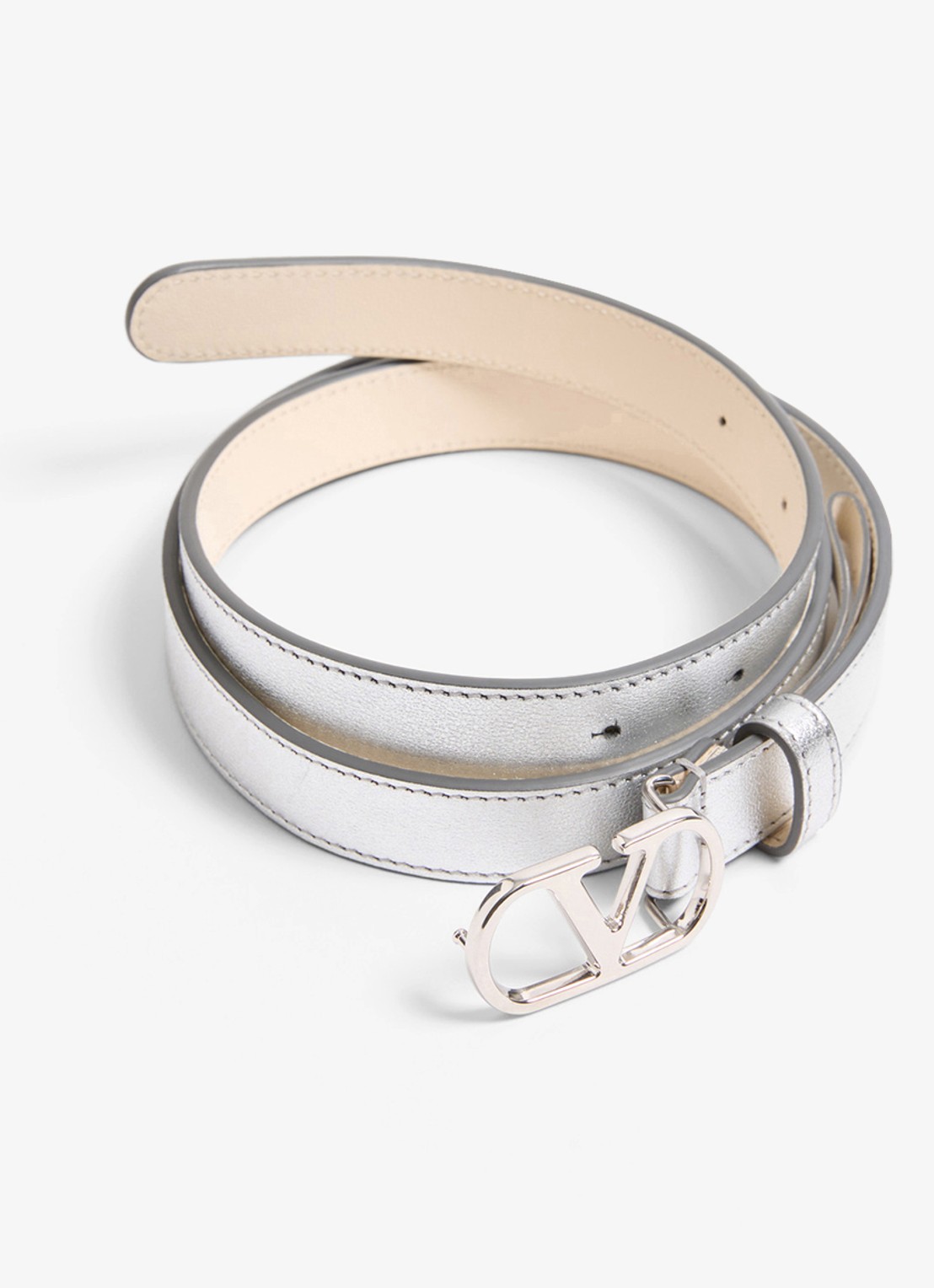 Valentino Garavani VLogo Signature riem van kalfsleer met metallic finish - detail zilver
