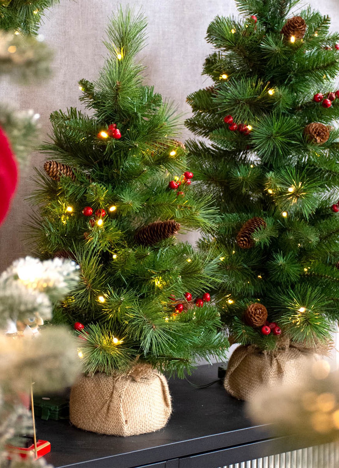 Van Der Gucht Everyday Miniature Pine Cone & Berry kunstkerstboom met LED verlichting 61 cm - achterkant 2 groen