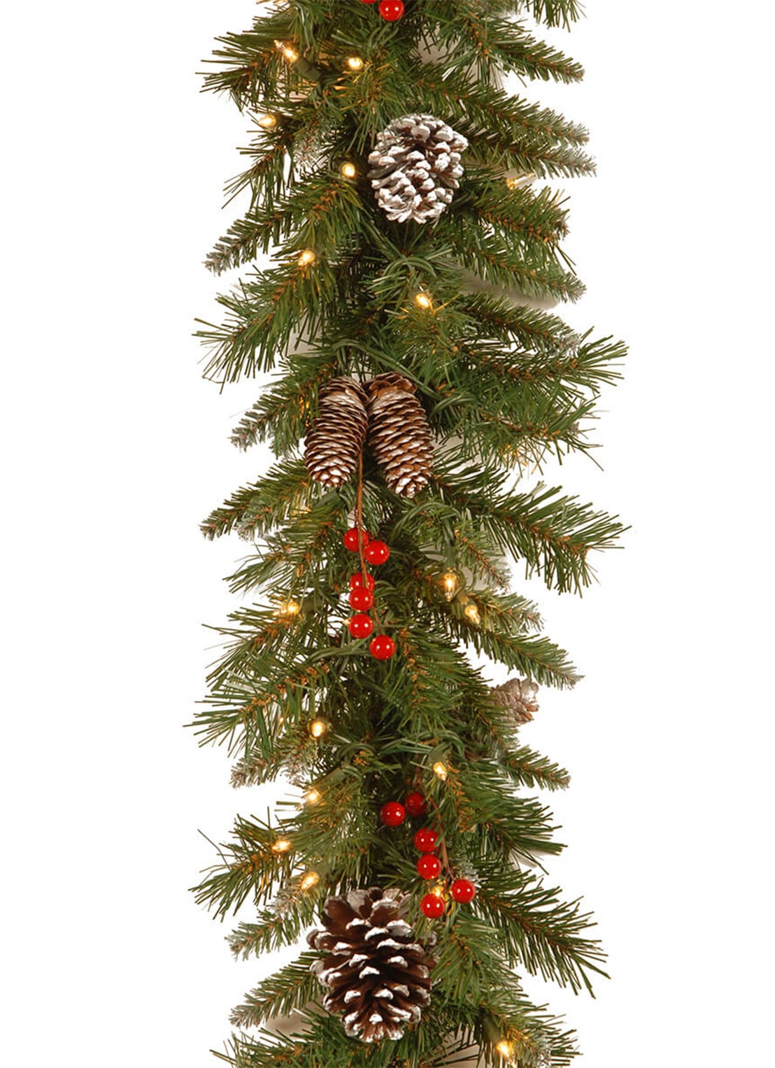 Van Der Gucht Frosted Berry kerstguirlande met LED verlichting 274 cm - voorkant groen