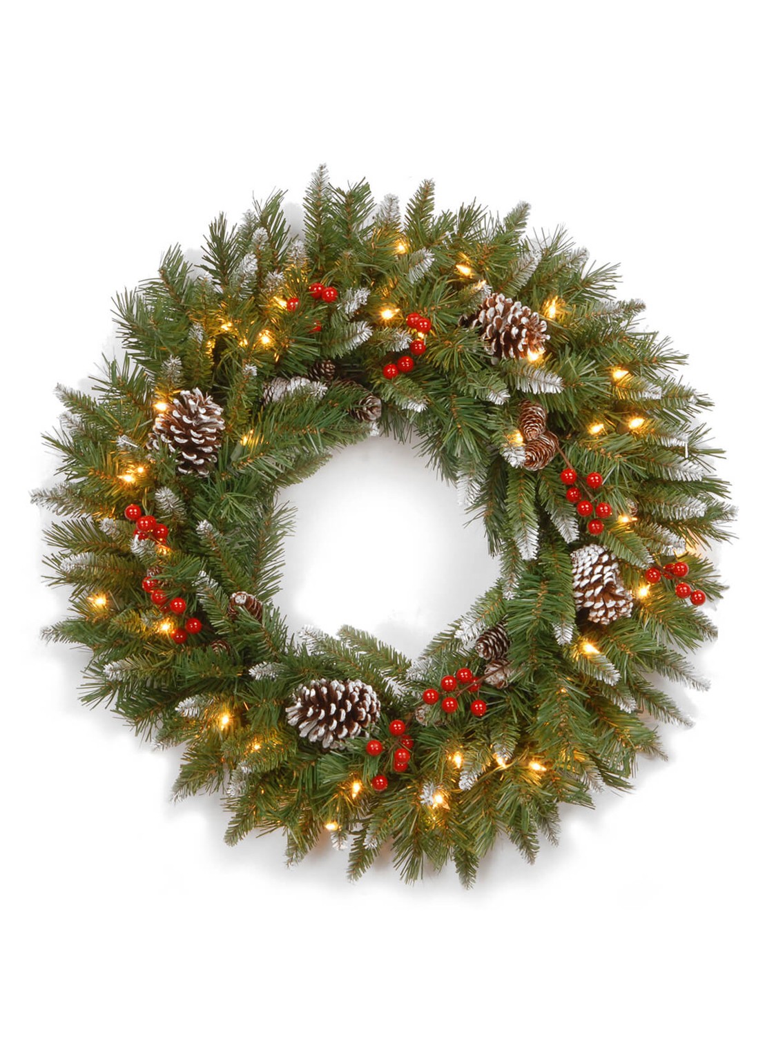 Van Der Gucht Frosted Berry kerstkrans met LED verlichting 60 cm - voorkant groen