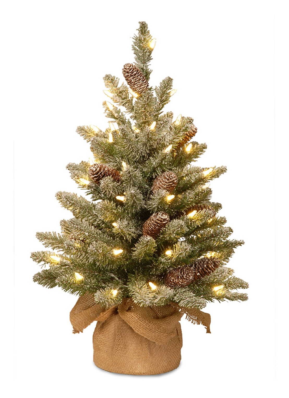 Van Der Gucht Snowy Burlap kunstkerstboom met LED-verlichting 61 cm - voorkant groen