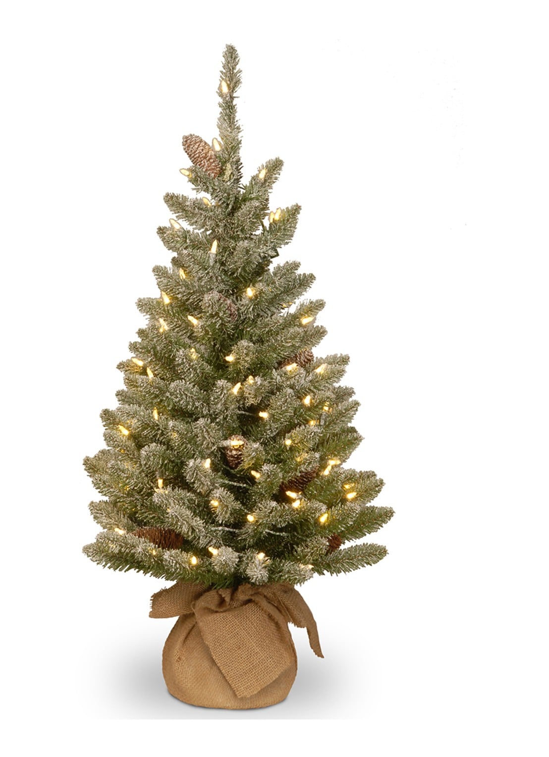 Van Der Gucht Snowy Burlap kunstkerstboom met LED-verlichting 91 cm - voorkant groen