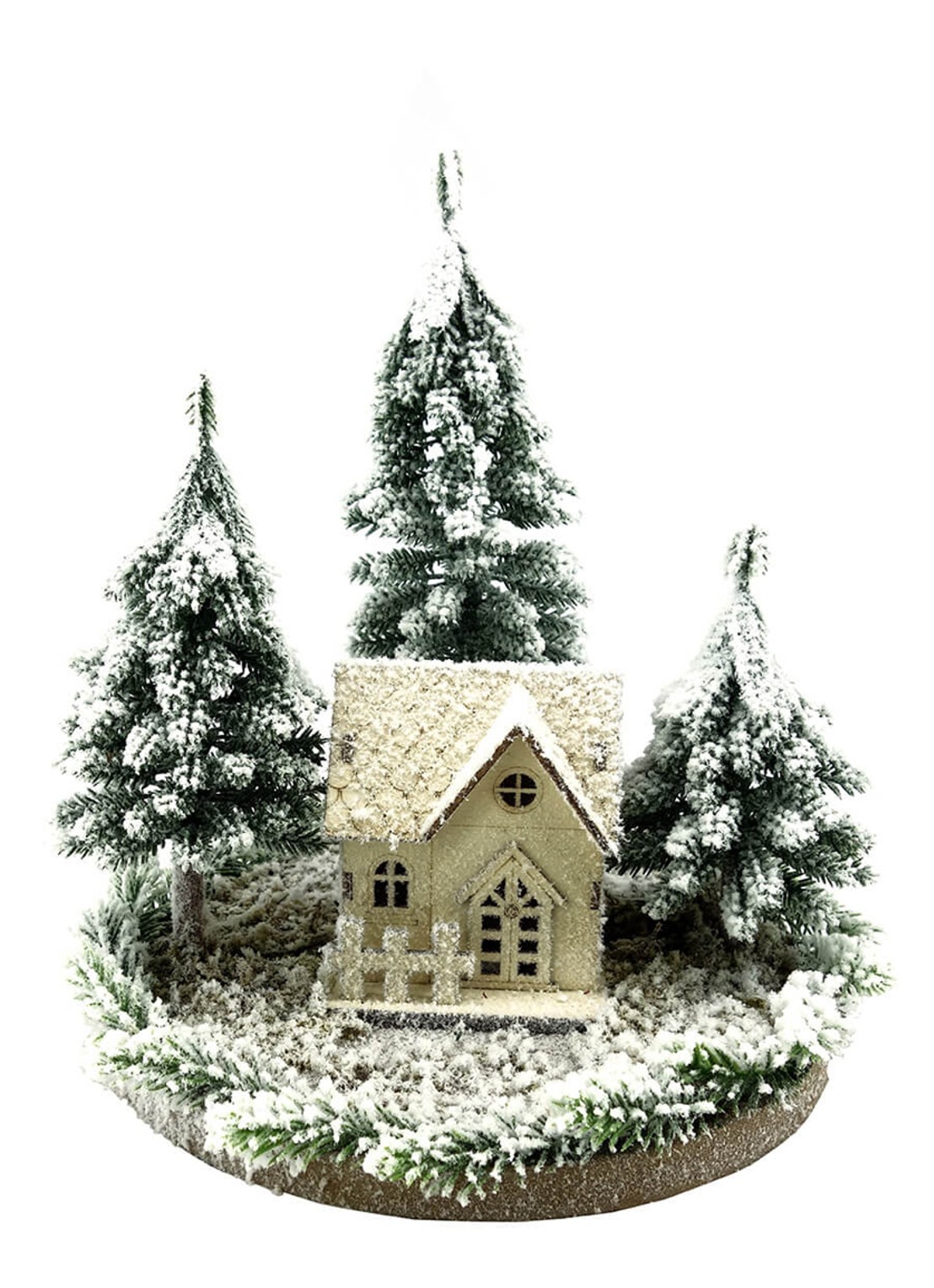 Van Der Gucht Snowy House kerstornament met LED verlichting 25 cm - voorkant groen