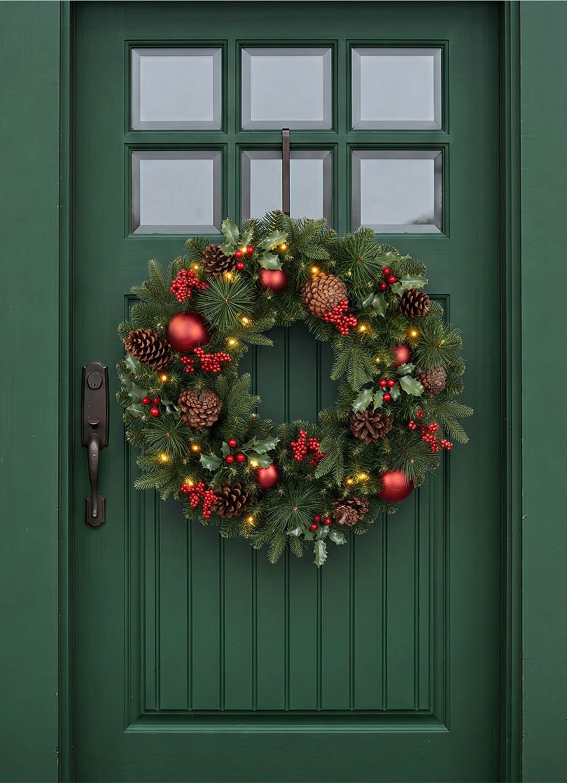 Van Der Gucht Victoria kerstkrans met LED verlichting 60 cm - detail groen