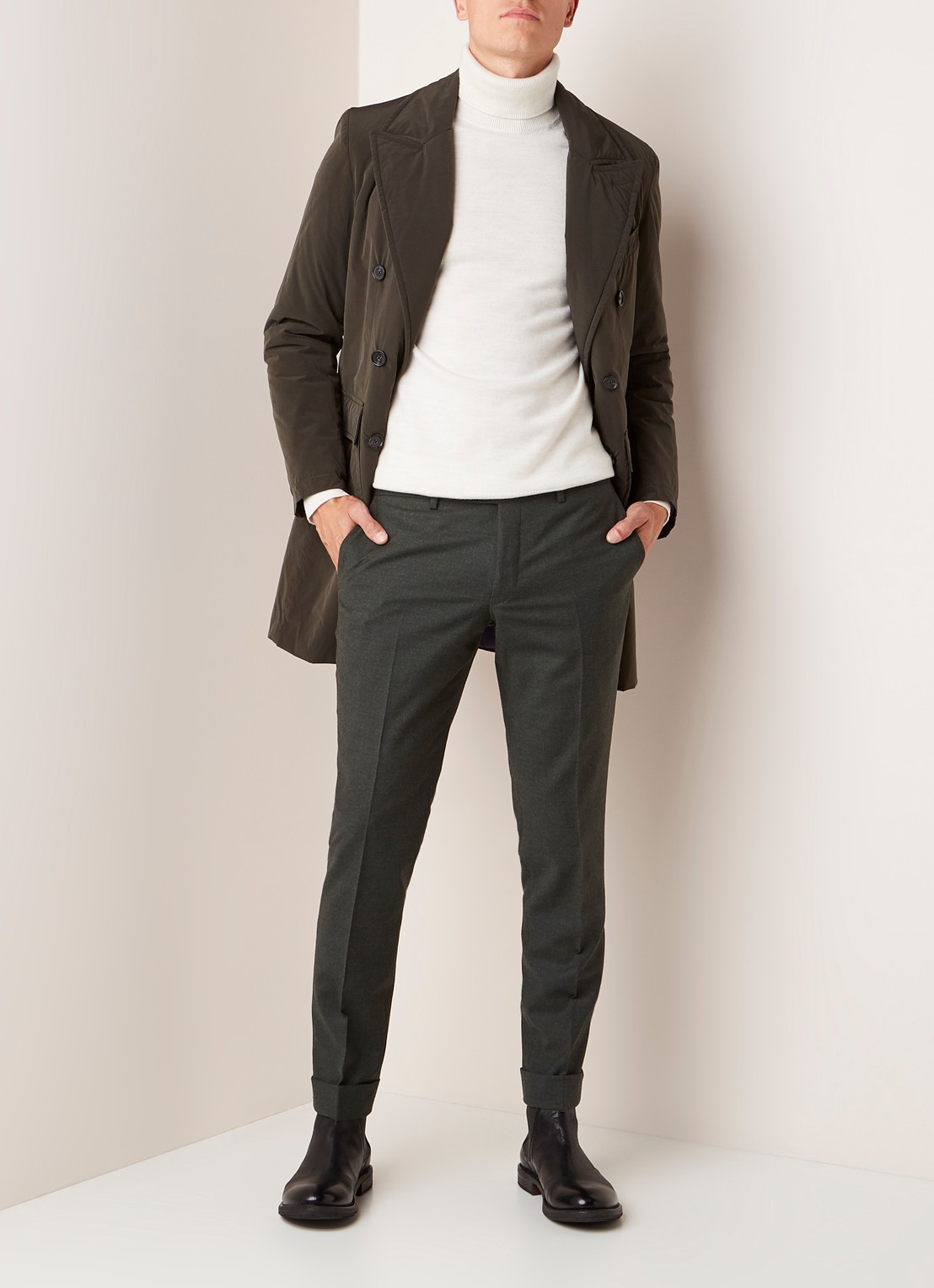 Van Gils Bull Split slim fit pantalon in wolblend - voorkant 6 donkergroen