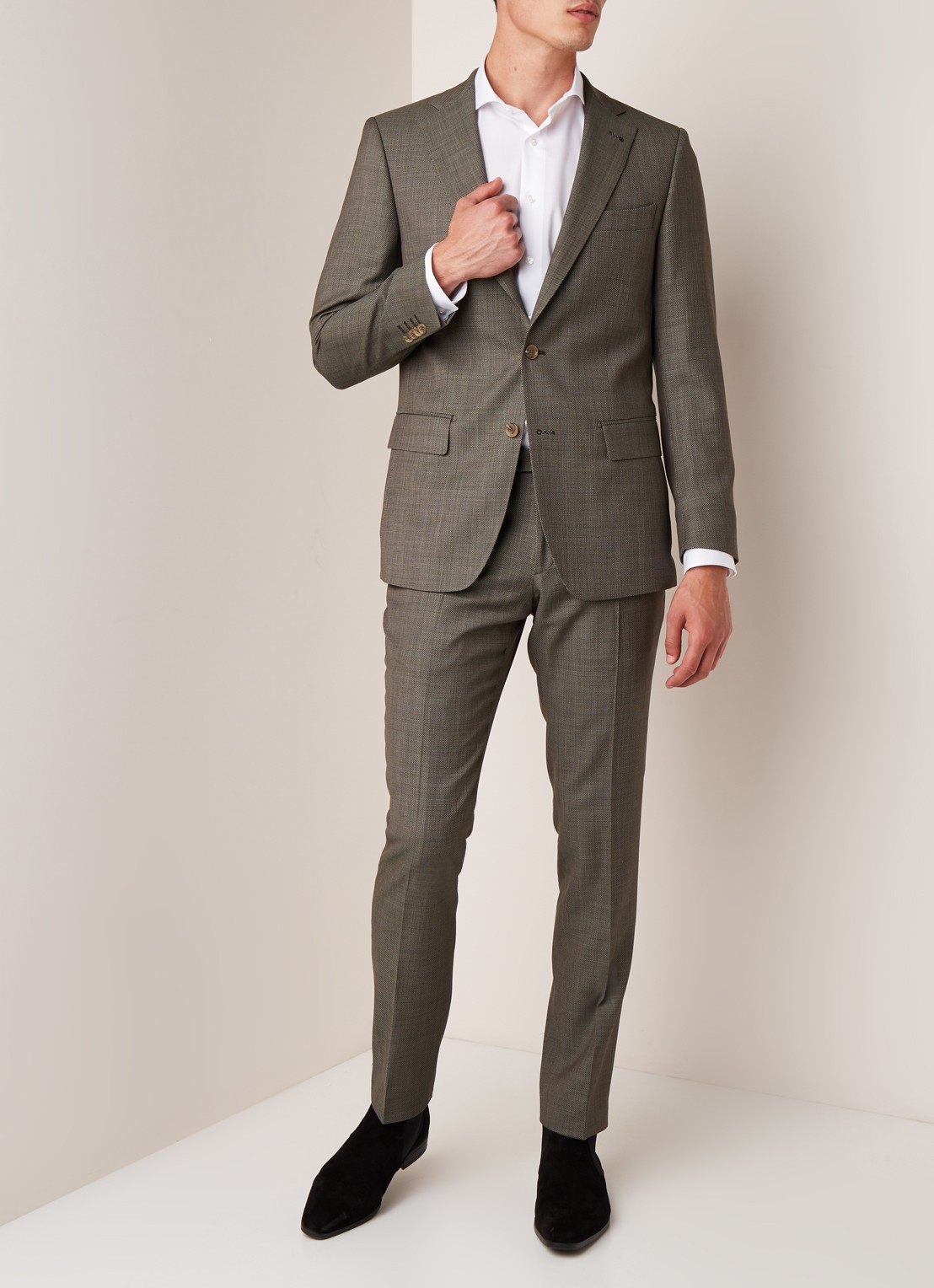 Van Gils Ellis tailored fit colbert van scheerwol met micro birdseye dessin - voorkant 5 donkergroen