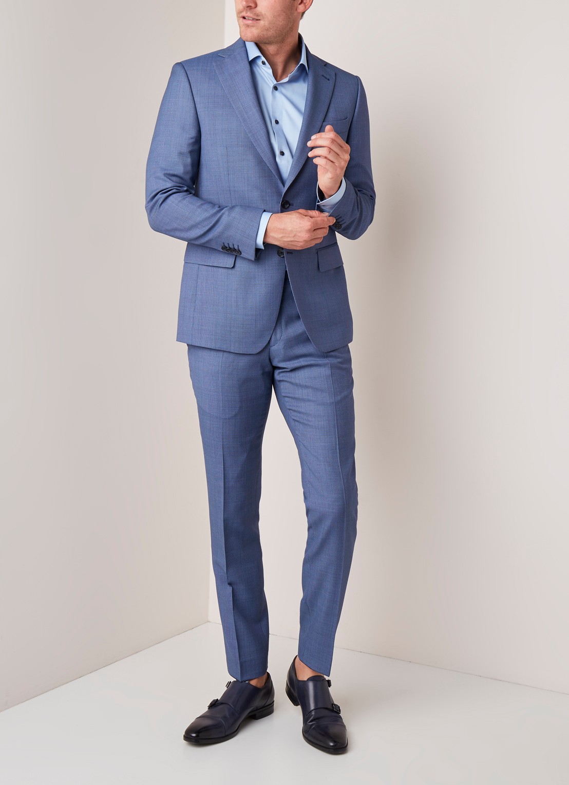 Van Gils Ellis tailored fit colbert van scheerwol met micro birdseye dessin - voorkant 6 blauw
