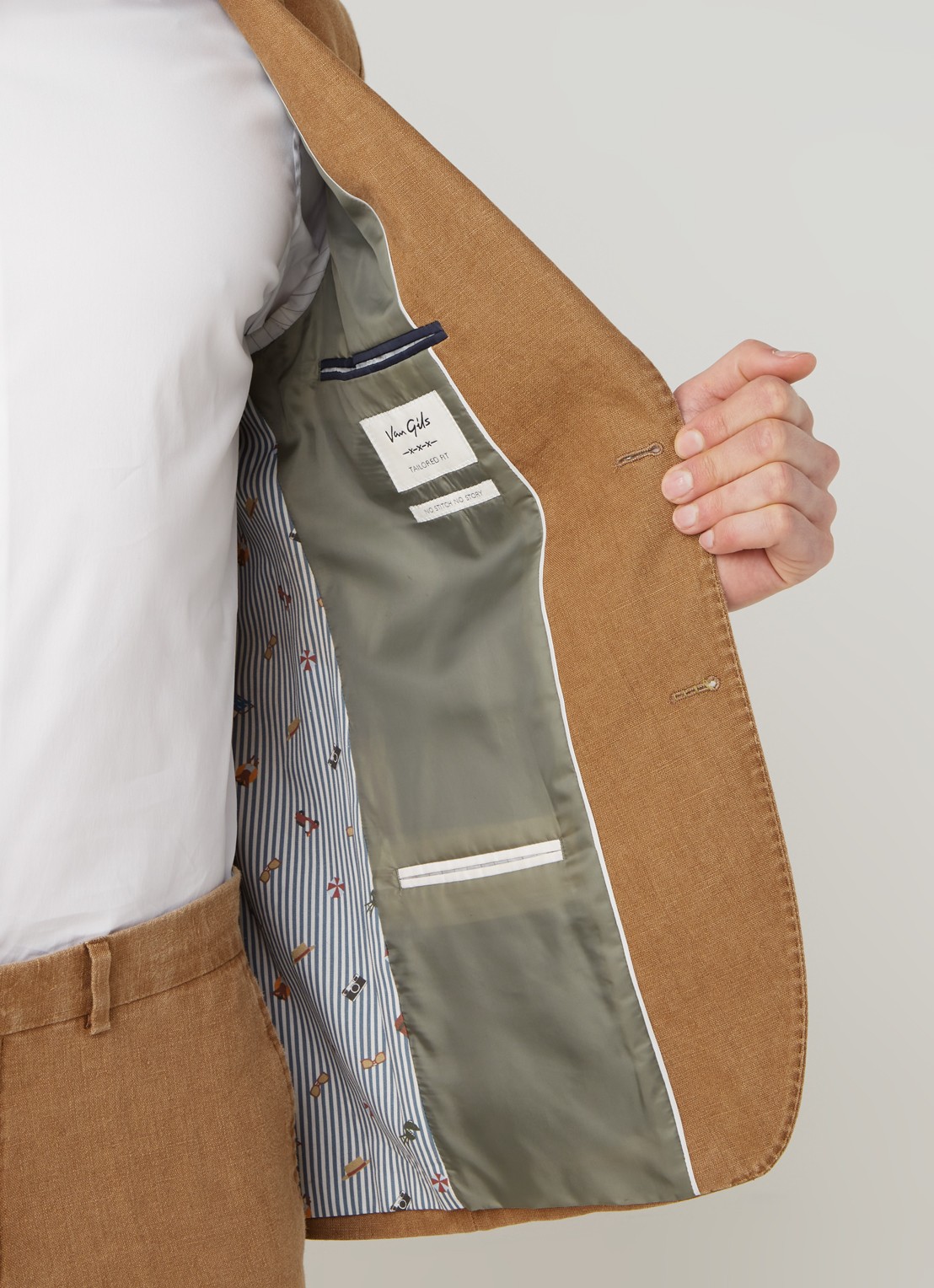 Van Gils Elray slim fit colbert van linnen - detail 4 camel