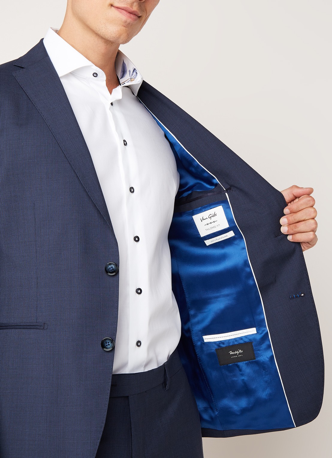 Van Gils Elray Welt tailored fit pak van scheerwol met micro pied-de-poule desisn - detail 4 blauw