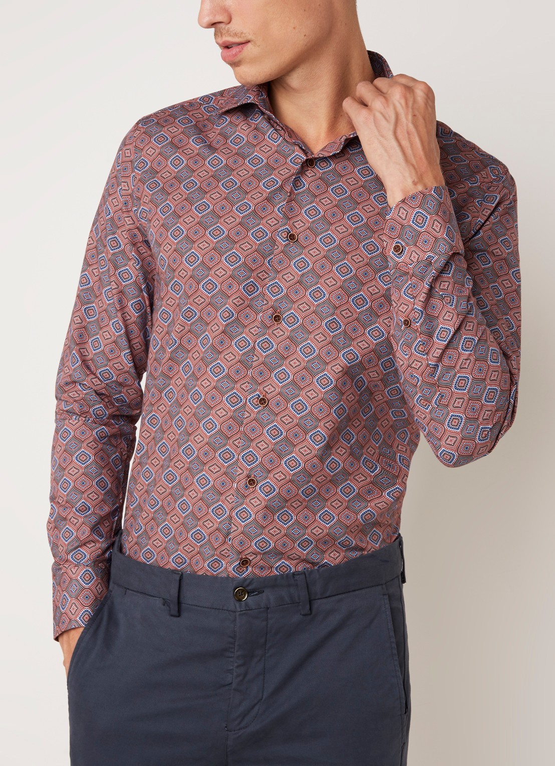 Van Gils Exan slim fit overhemd met retro dessin - detail 2 steenrood