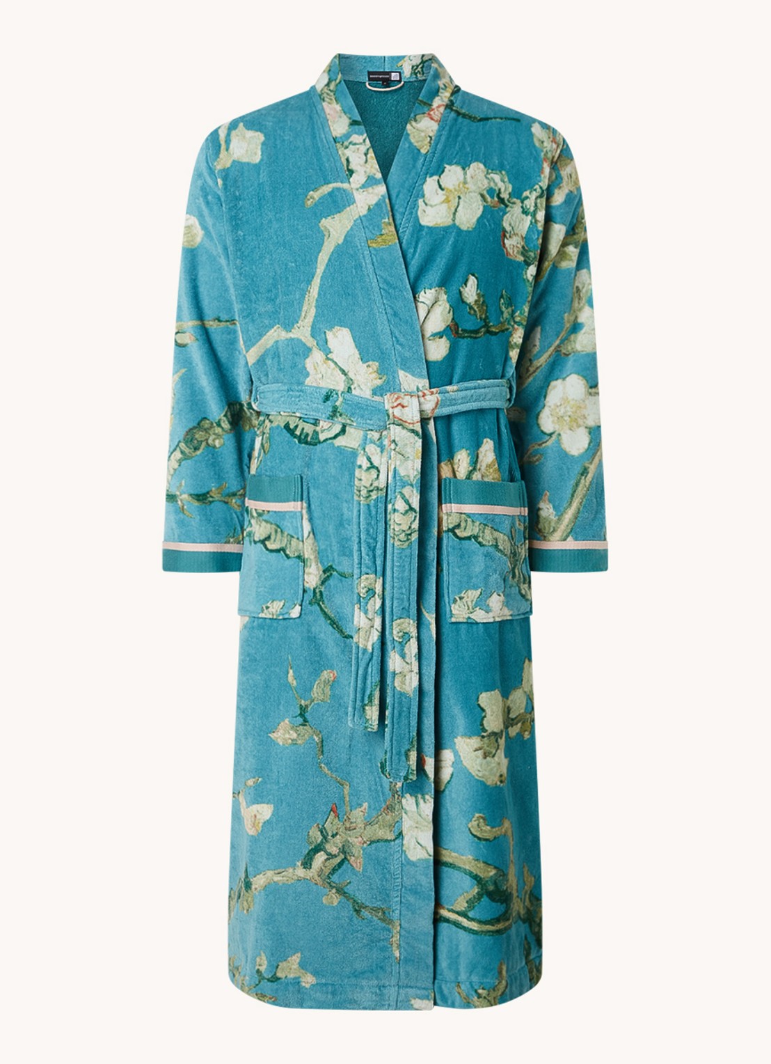 Van Gogh Museum Blossom badjas van katoen met bloemenprint - voorkant 3 turquoise