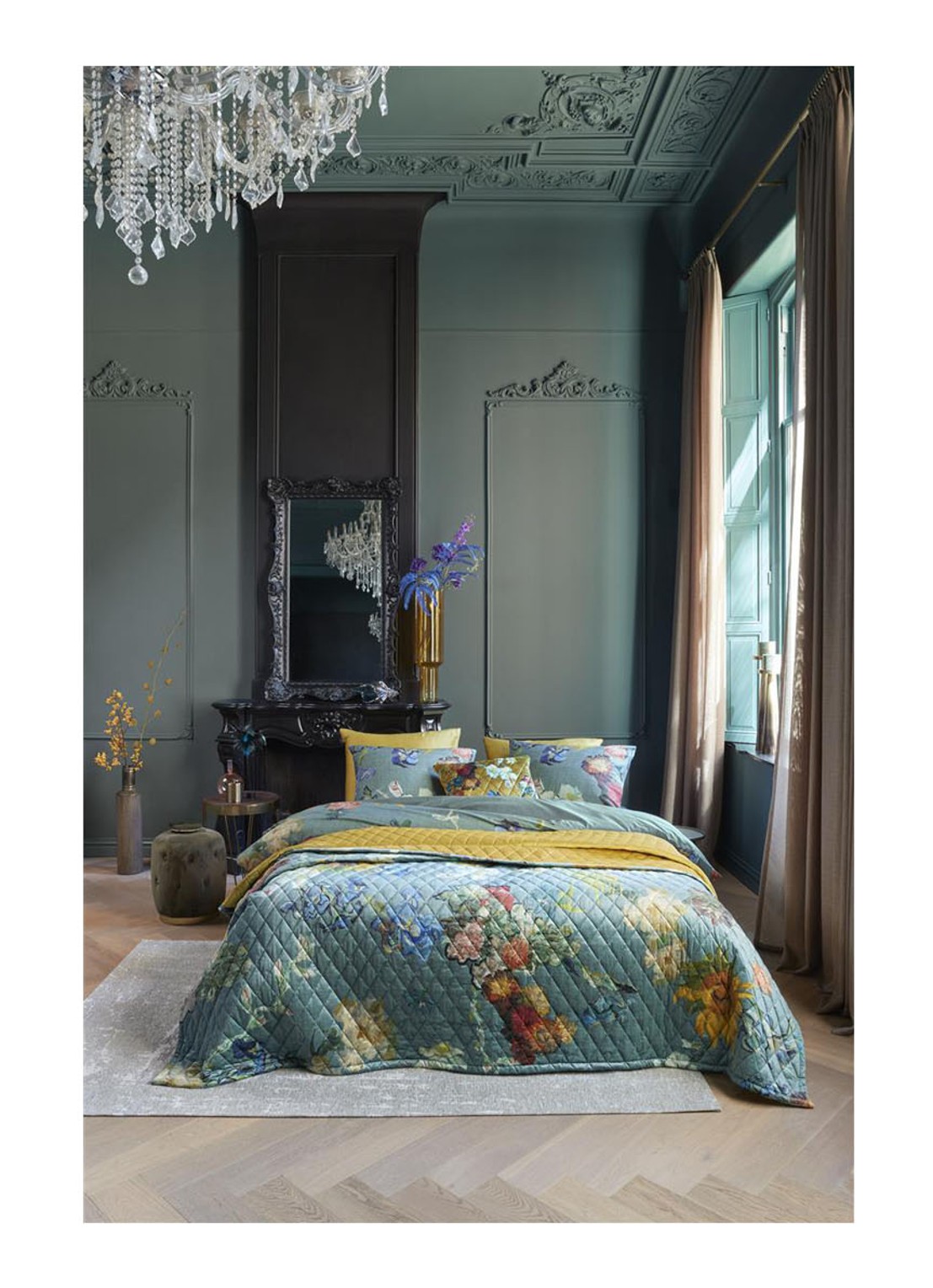 Van Gogh Museum Partout des Fleurs bedsprei van fluweel - detail zeegroen