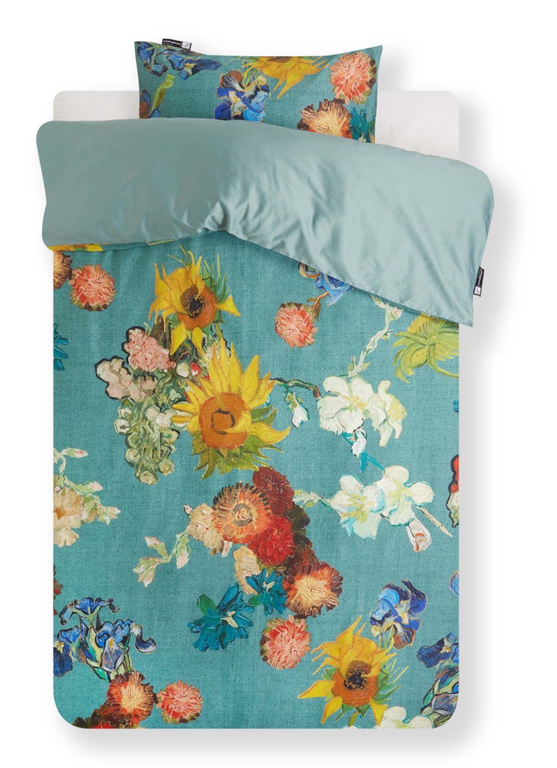 Van Gogh Museum Partout des Fleurs dekbedovertrek van katoensatijn - inclusief kussensloop - voorkant aquablauw