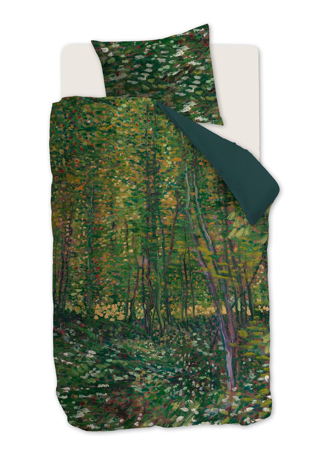 Van Gogh Museum Trees katoensatijn dekbedovertrekset - inclusief kussensloop - voorkant 3 lindegroen