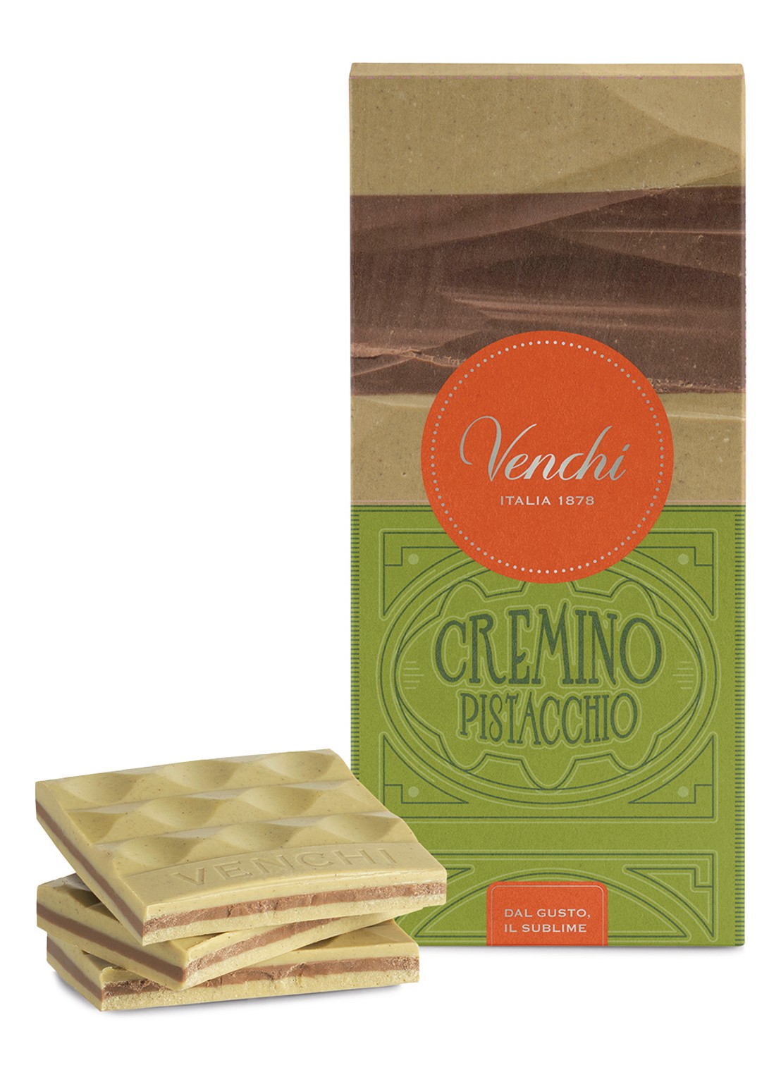 Venchi Pistachio Cremino chocoladereep 110 gram - voorkant beige