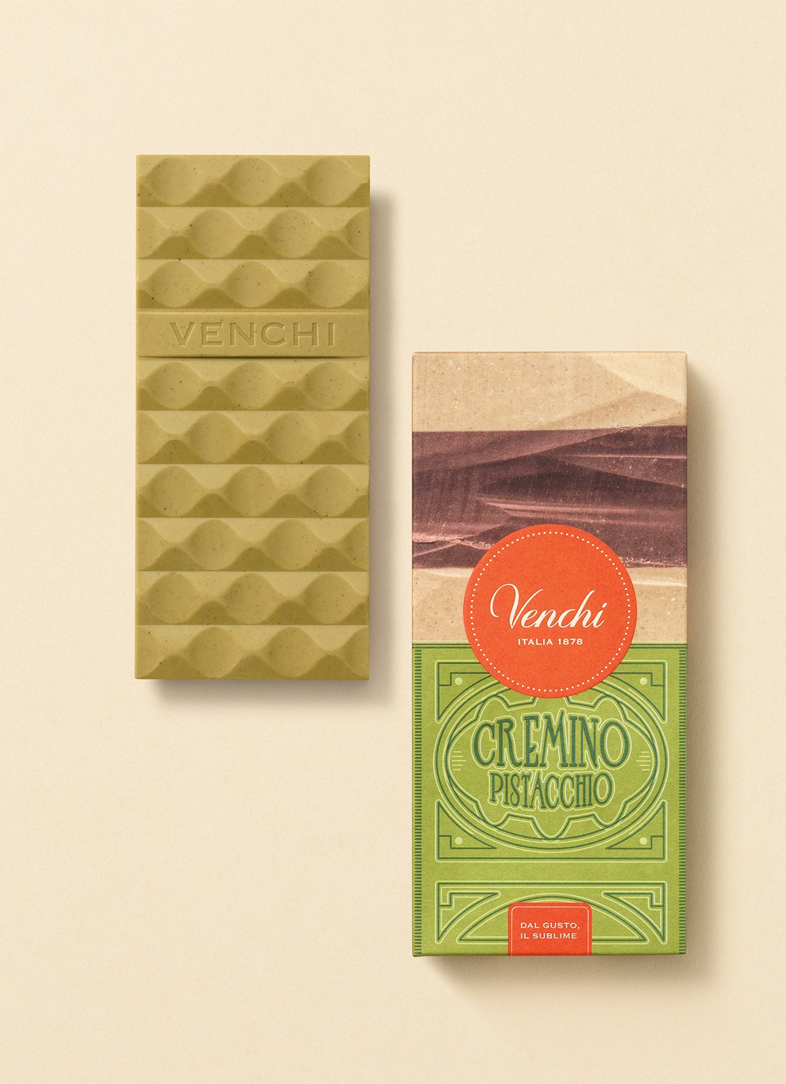 Venchi Pistachio Cremino chocoladereep 110 gram - voorkant 2 beige