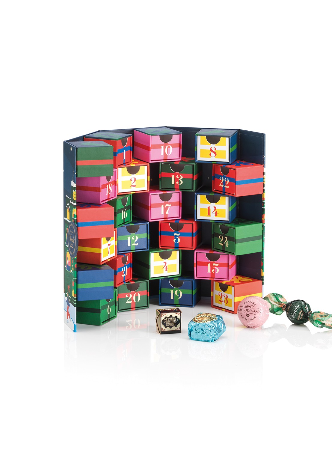 Venchi Prestige adventskalender met chocolade - 24 dagen - voorkant 2 donkerblauw