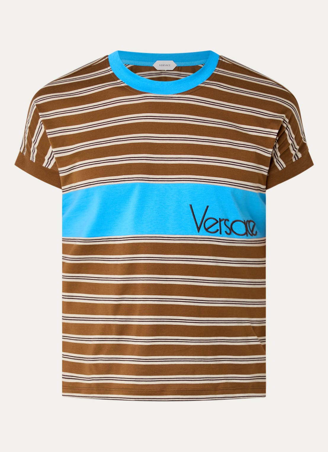 Versace Intarsia T-shirt met streepprint - voorkant bruin