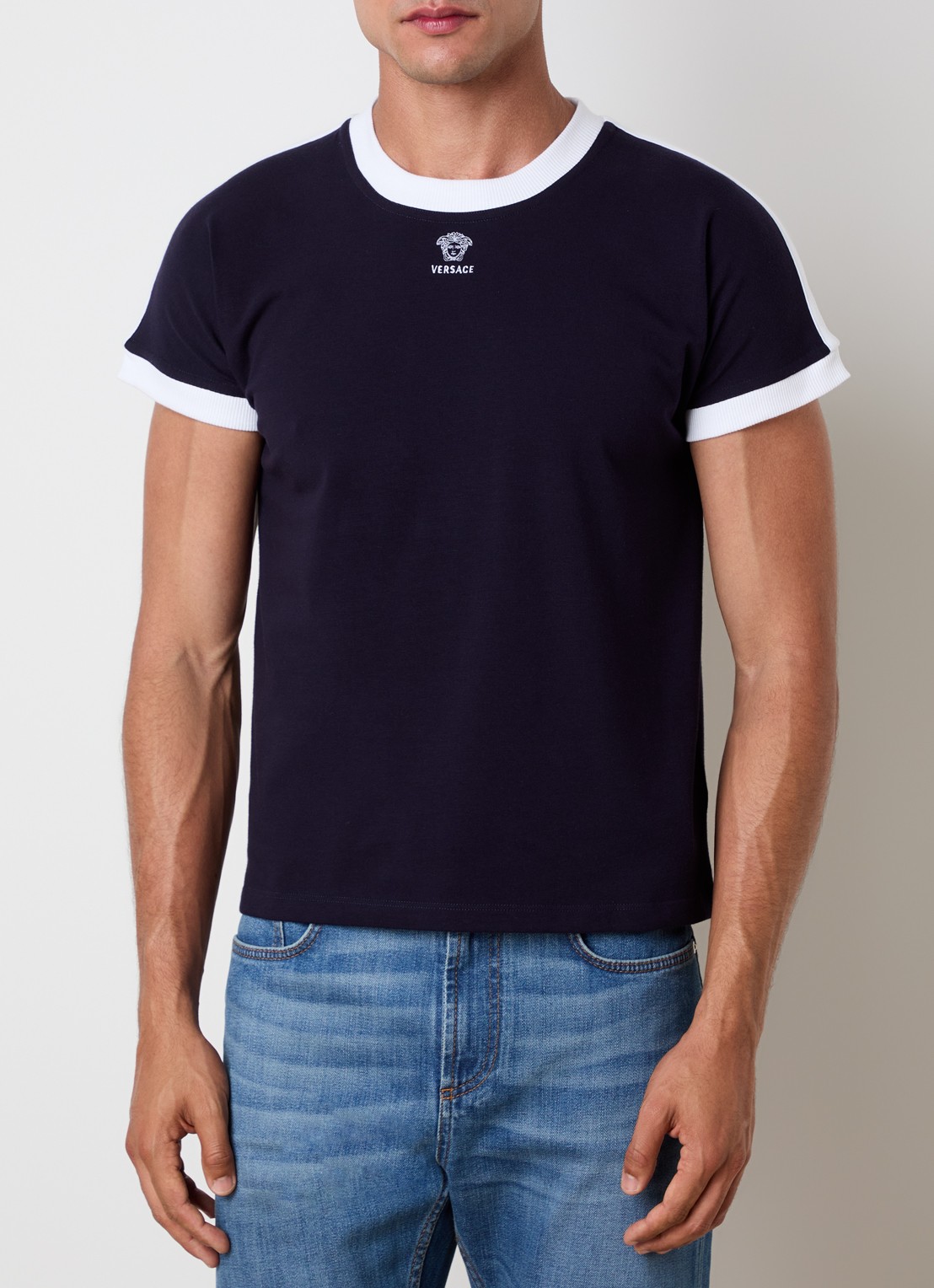 Versace Medusa T-shirt met logoborduring - detail 3 donkerblauw