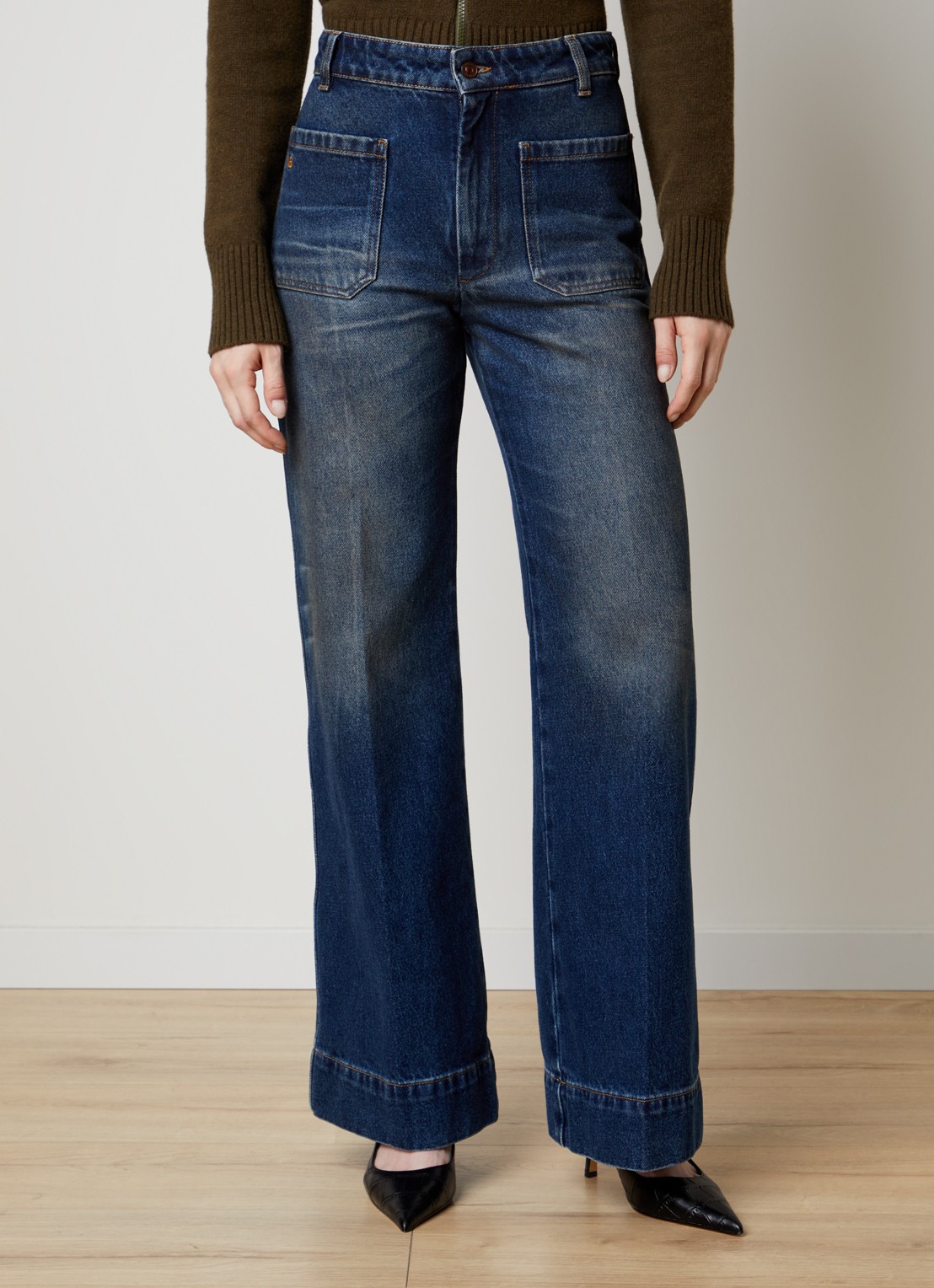 Victoria Beckham Alina high waist flared fit jeans met medium wassing - detail indigo