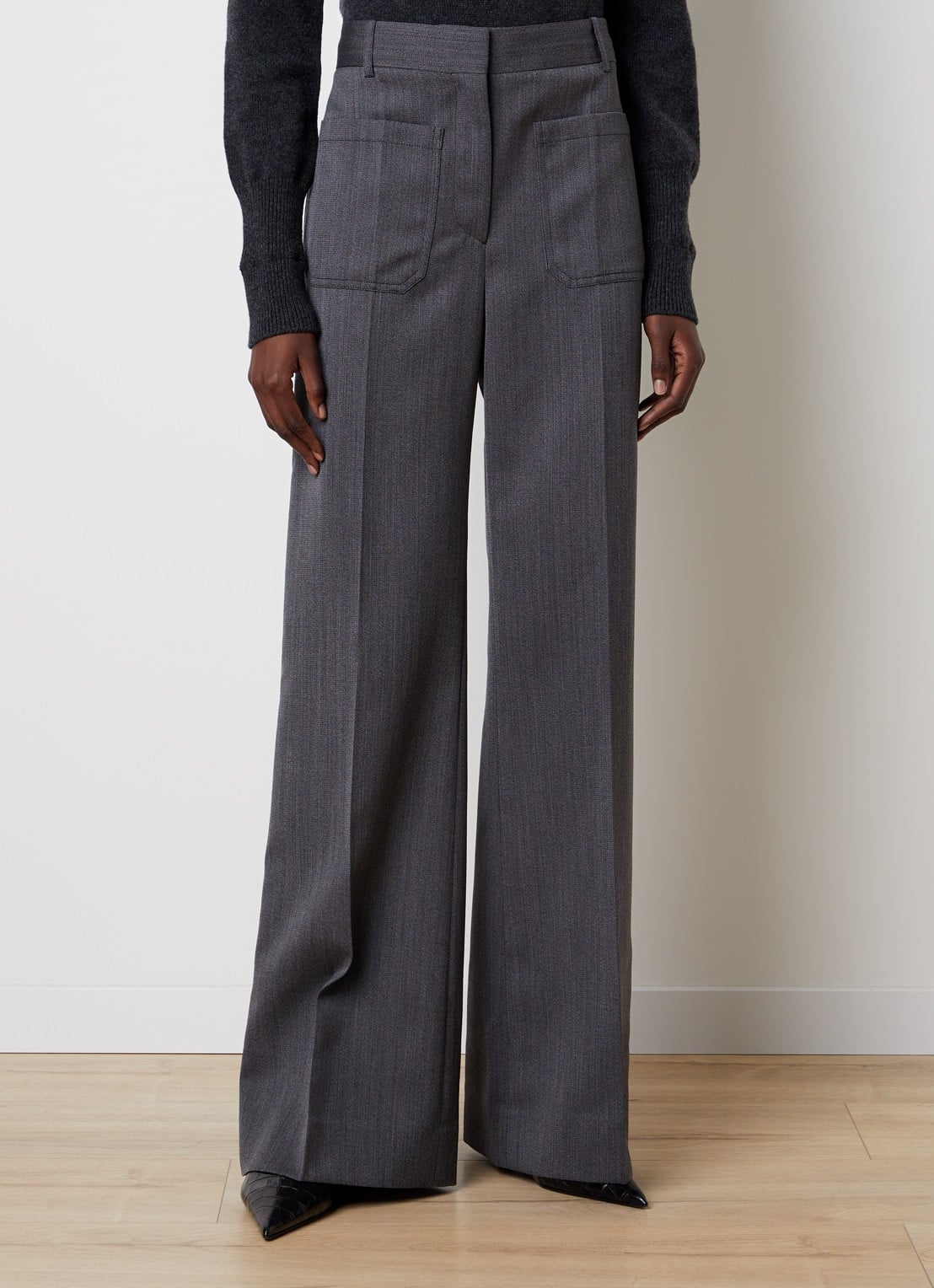 Victoria Beckham Alina high waist straight fit pantalon van scheerwol met gemêleerd dessin - detail 2 middengrijs