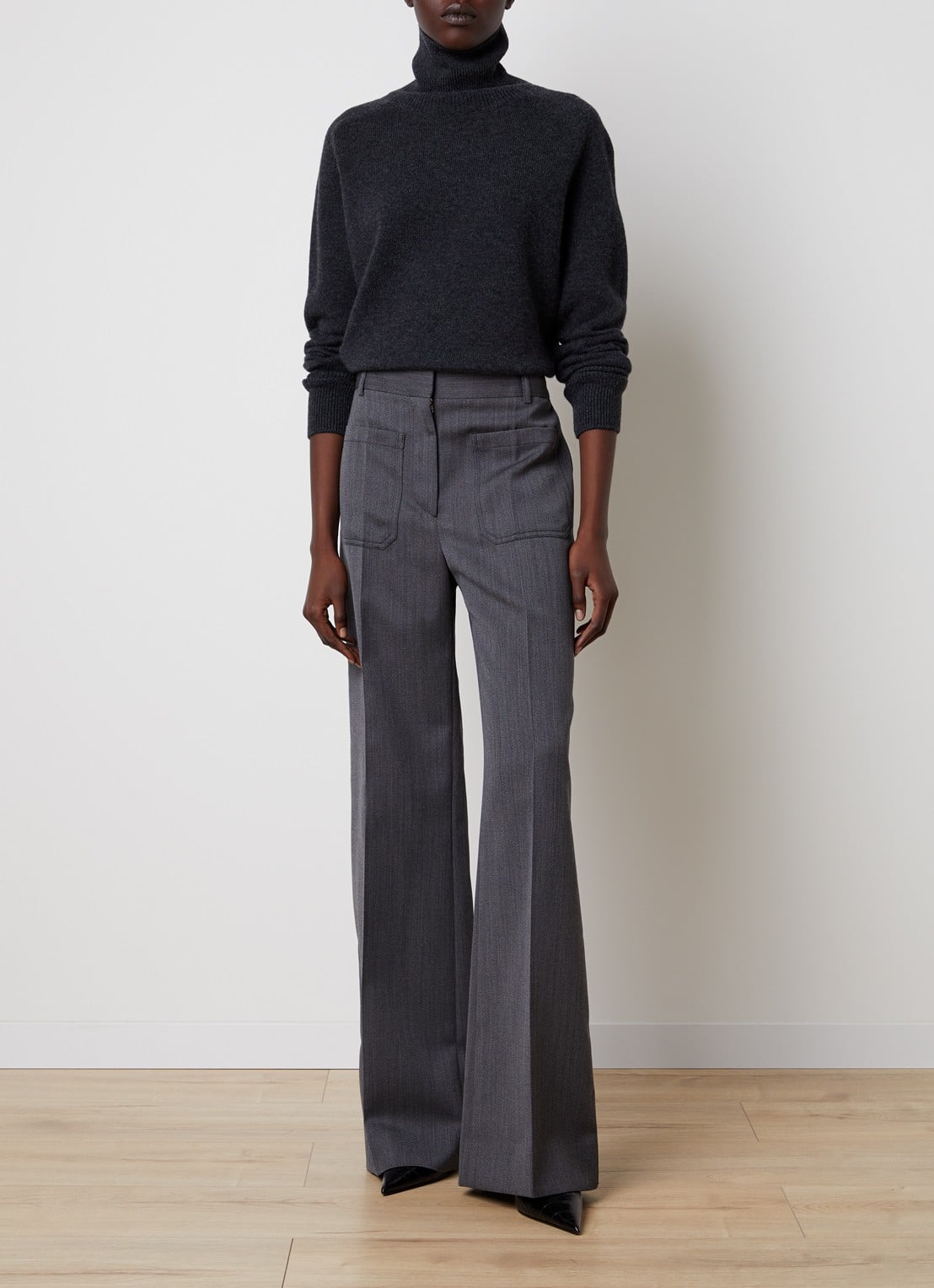 Victoria Beckham Alina high waist straight fit pantalon van scheerwol met gemêleerd dessin - voorkant 5 middengrijs