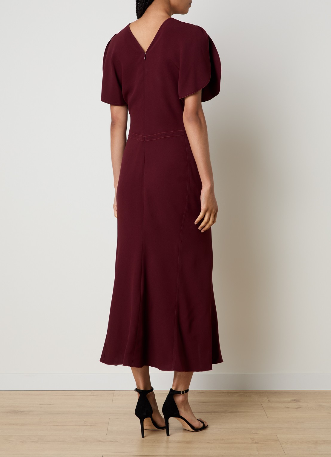 Victoria Beckham Bela midi jurk met gedrapeerd detail - achterkant 3 bordeauxrood