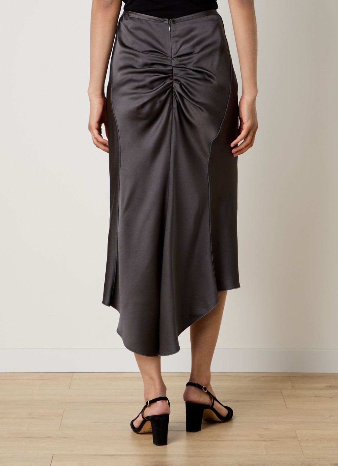 Victoria Beckham Bela midi rok van satijn met ruches - achterkant 3 antraciet