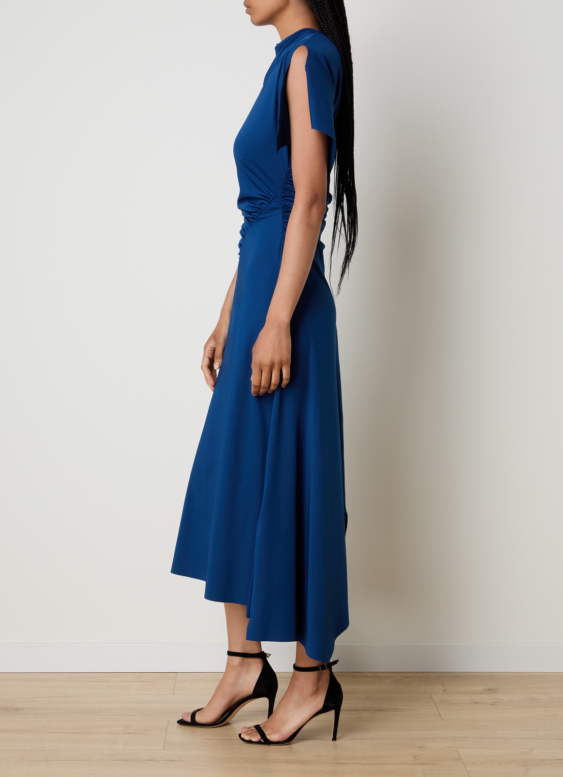 Victoria Beckham Midi jurk met asymmetrische zoom en ruches - voorkant 2 blauw